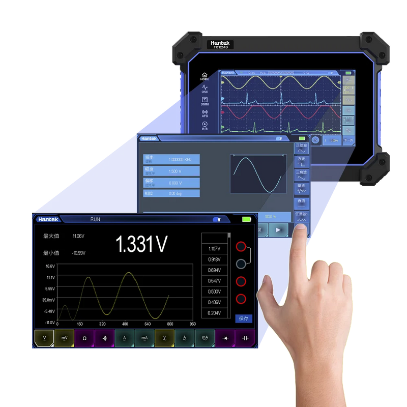 Osciloscópio Digital Portátil de Tela Sensível ao Toque Hantek TO1254D, 4 Canais + Gerador de Sinal + Multímetro